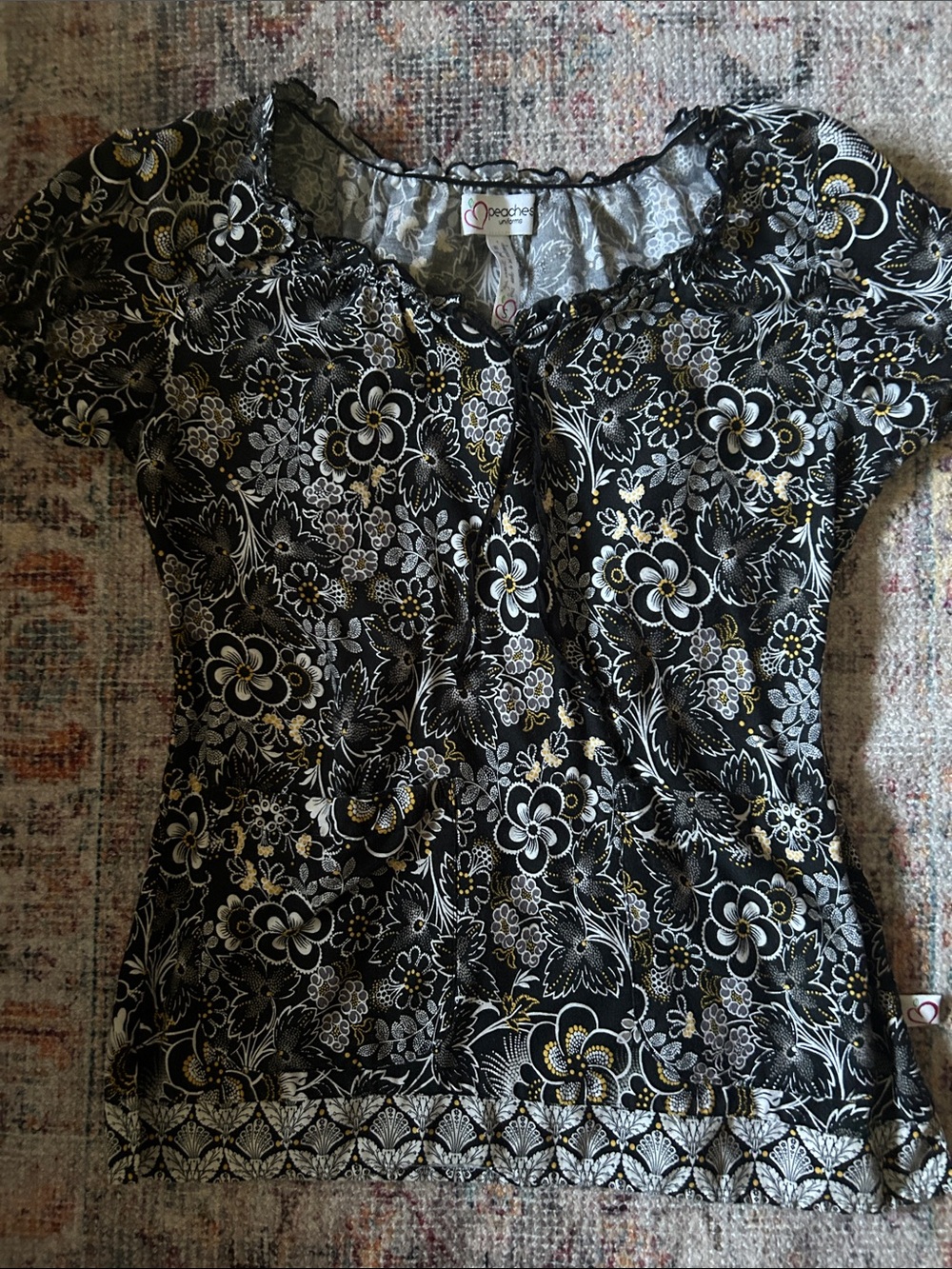 Peaches Uniforms Black Floral Scoop Neck Top with Gold Accents